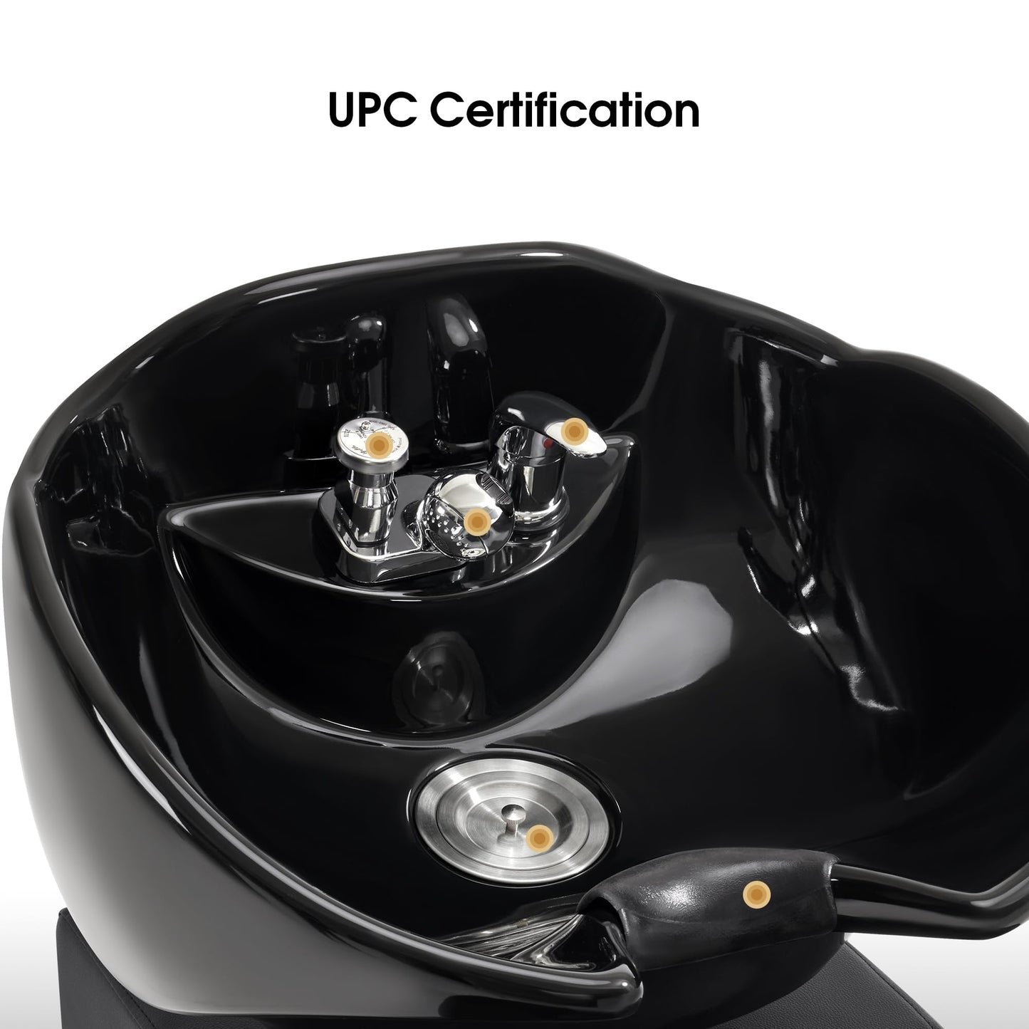 BarberPub Backwash Shampoo Station Chair and Bowl Unit, Porcelain Ceramic Basin Sink, Black&Gold Shampoo Barber Chair with Vacuum Breaker for for Barbershop Beauty Spa Salon 8615 (Black)