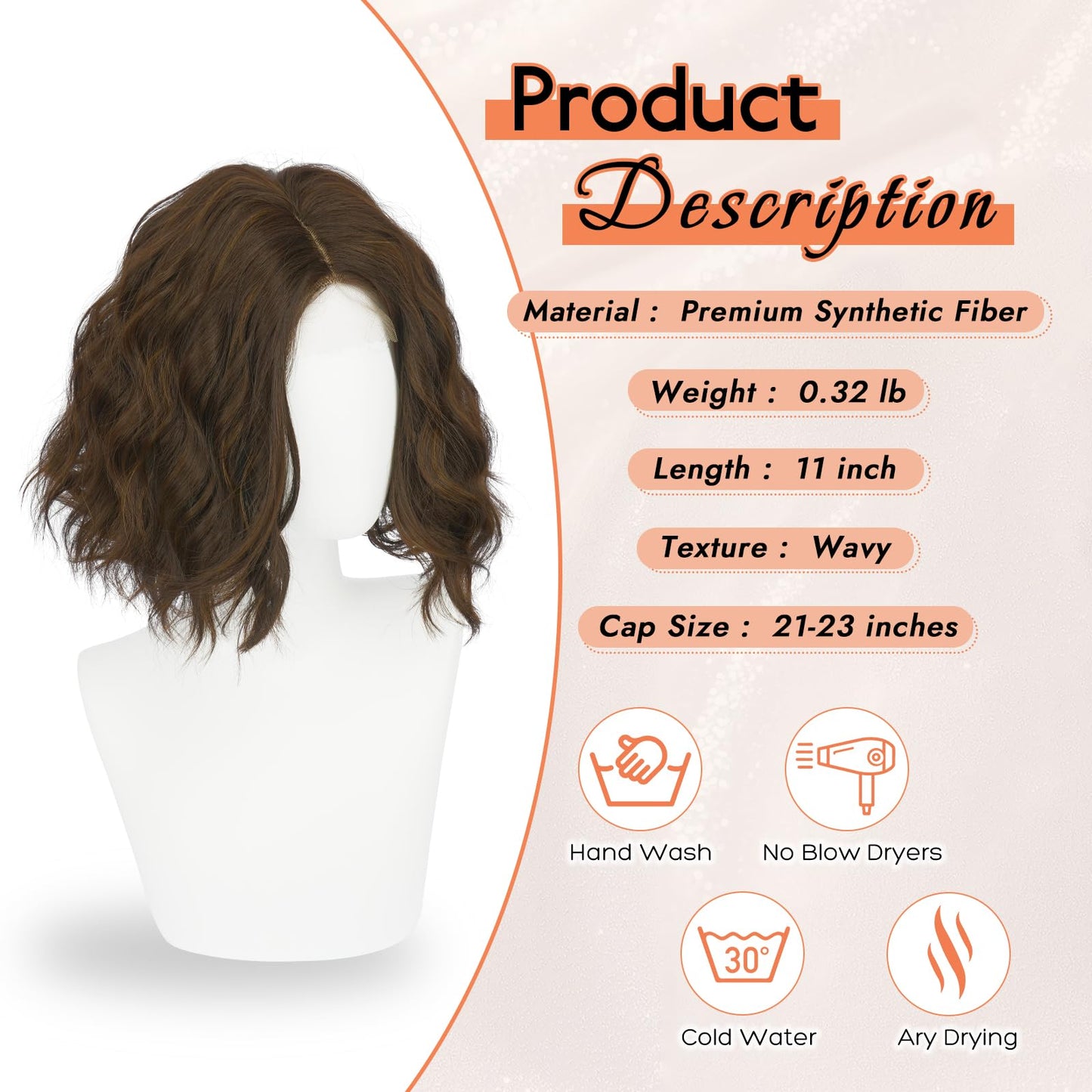 Haloo Brown Bob Wig for Women Lace Front Hairline Short Soft Wavy Curly Natural Looking Middle Part Synthetic Hair Wigs for Daily Party, 11 Inch Brown with Highlights