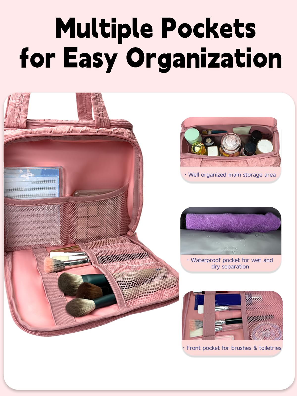 SMONT Hanging Toiletry Bag for Women, Large Waterproof Makeup Organizer with Hook, Travel Cosmetic Bag with Multiple Compartments for Gym, Swim, School, College Dorm Pink