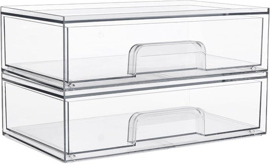 Clear Stackable Storage Drawers - 12.1''W Acrylic Organizers for Makeup, Cosmetics & Beauty Supplies | 2 Pack