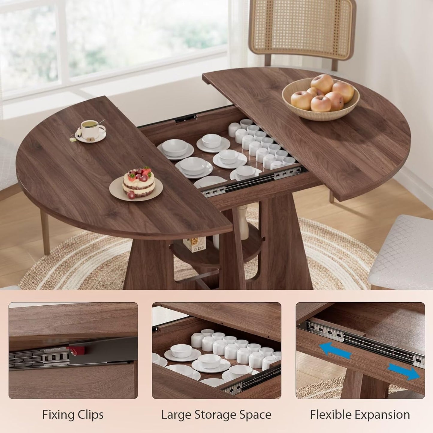 Extendable Round Dining Table for 4-8 | Modern Kitchen Design with Storage Shelf - 43.3in to 59in