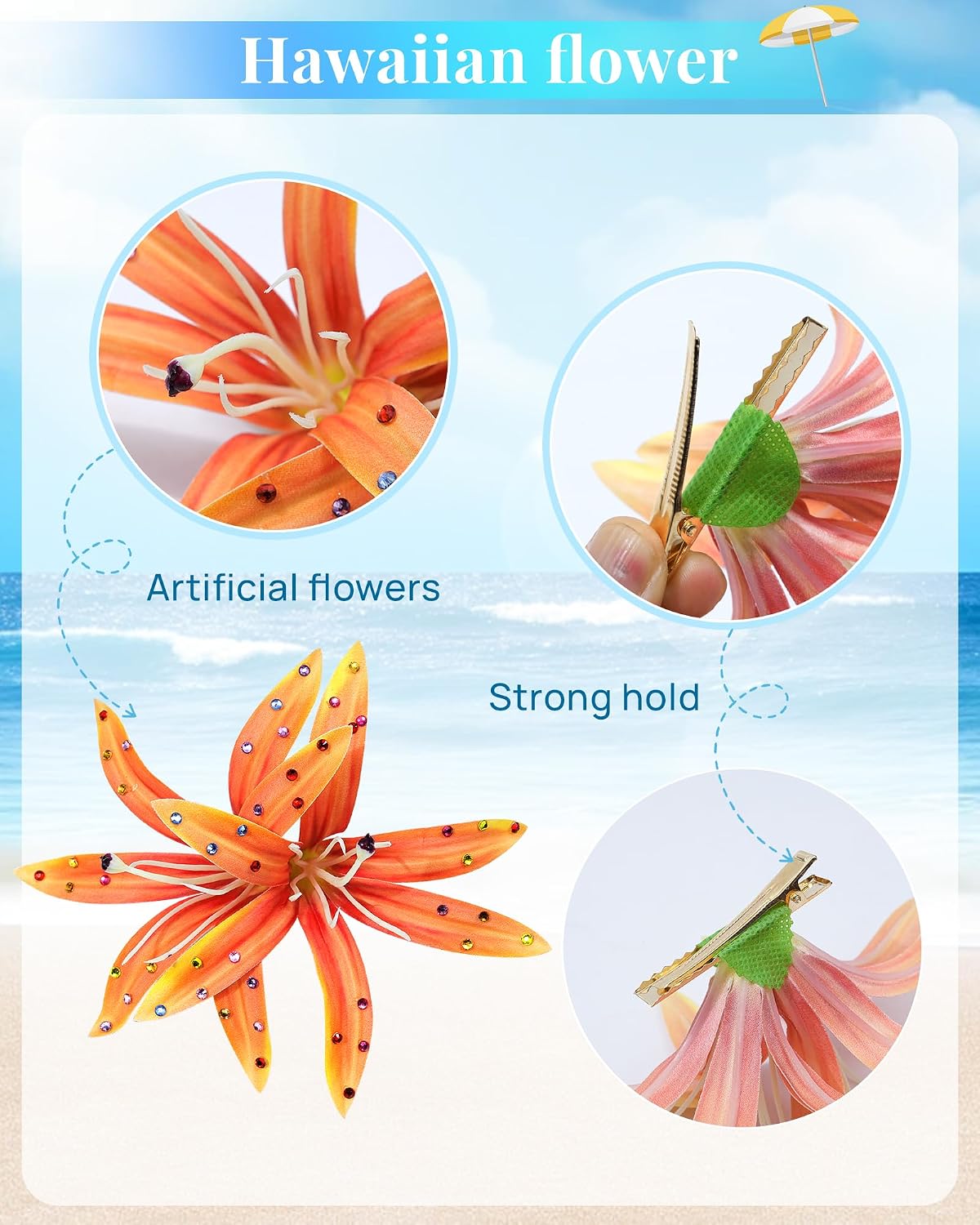 Hawaiian Flower Hair Clips - 3 Pack Tropical Orchid Hairpins | Rhinestone Wedding Accessories