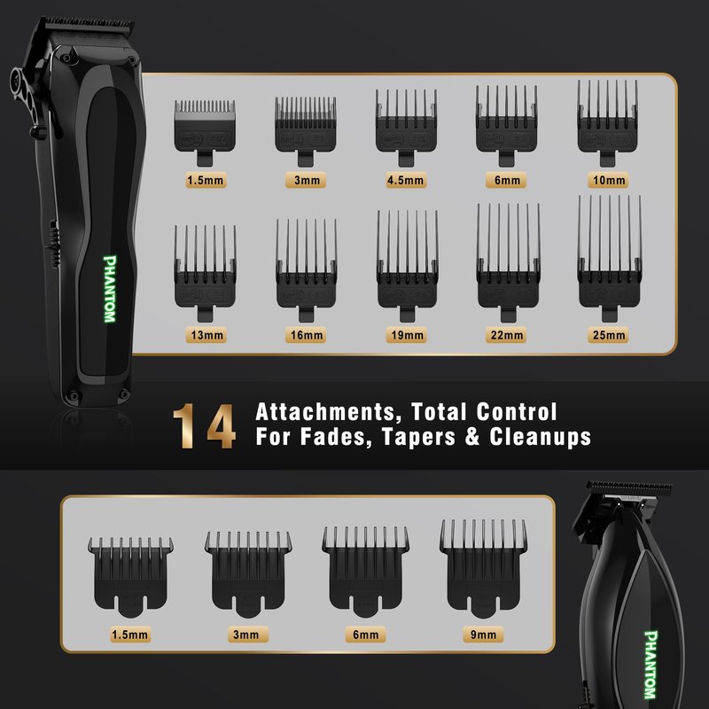 Phantom Professional Hair Clippers for Men, Cordless Barber Clippers & Trimmer Set with Magnetic Levitation Motor (Vector Motor), 13000 RPM DLC Blades, Zero-Gap Trimmer for Fades, Blends & Line Ups