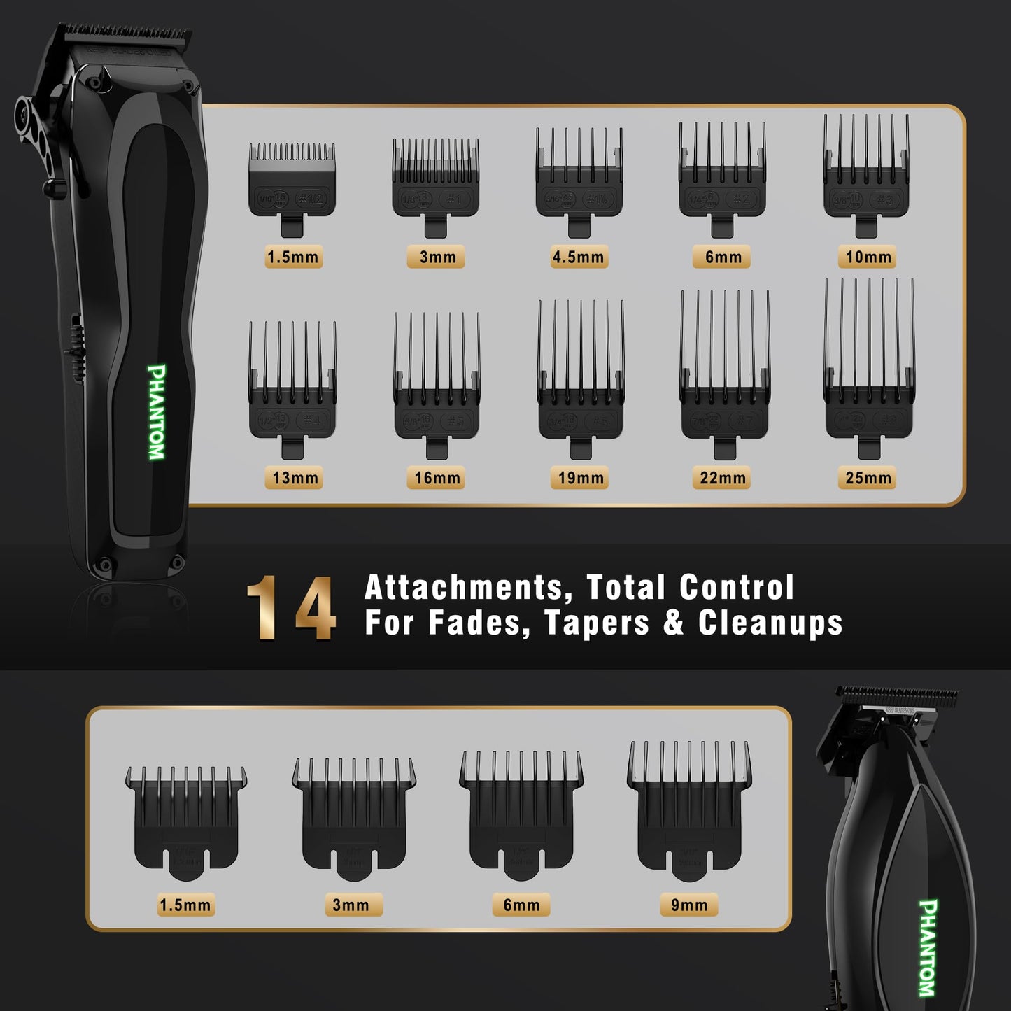 Phantom Professional Hair Clippers for Men, Cordless Barber Clippers & Trimmer Set with Magnetic Levitation Motor (Vector Motor), 13000 RPM DLC Blades, Zero-Gap Trimmer for Fades, Blends & Line Ups