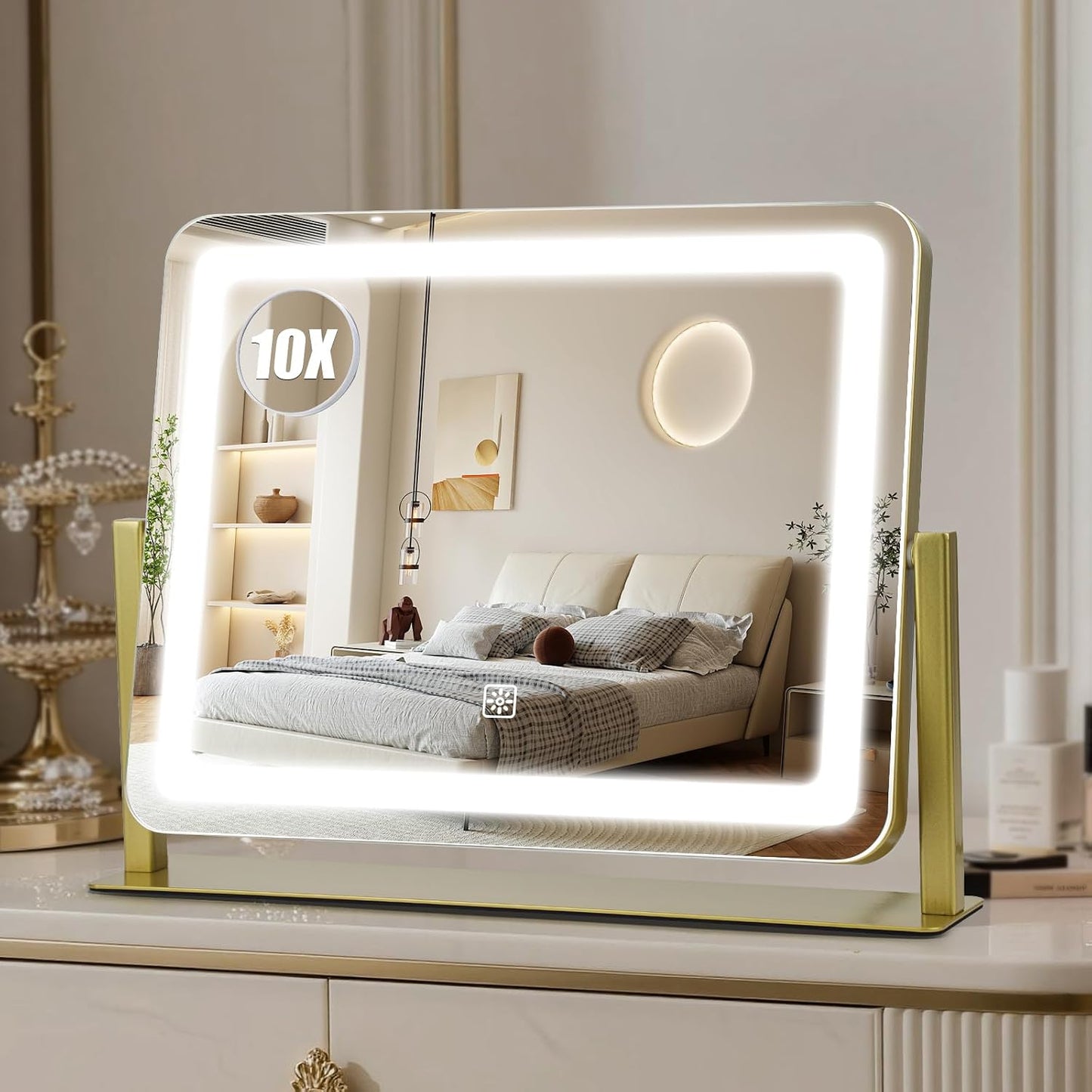 Rechargeable Makeup Mirror with Lights - 10"×8" Dimmable HD Vanity Mirror | Smart Touch, 3-Color Lighting, Portable Travel Essential