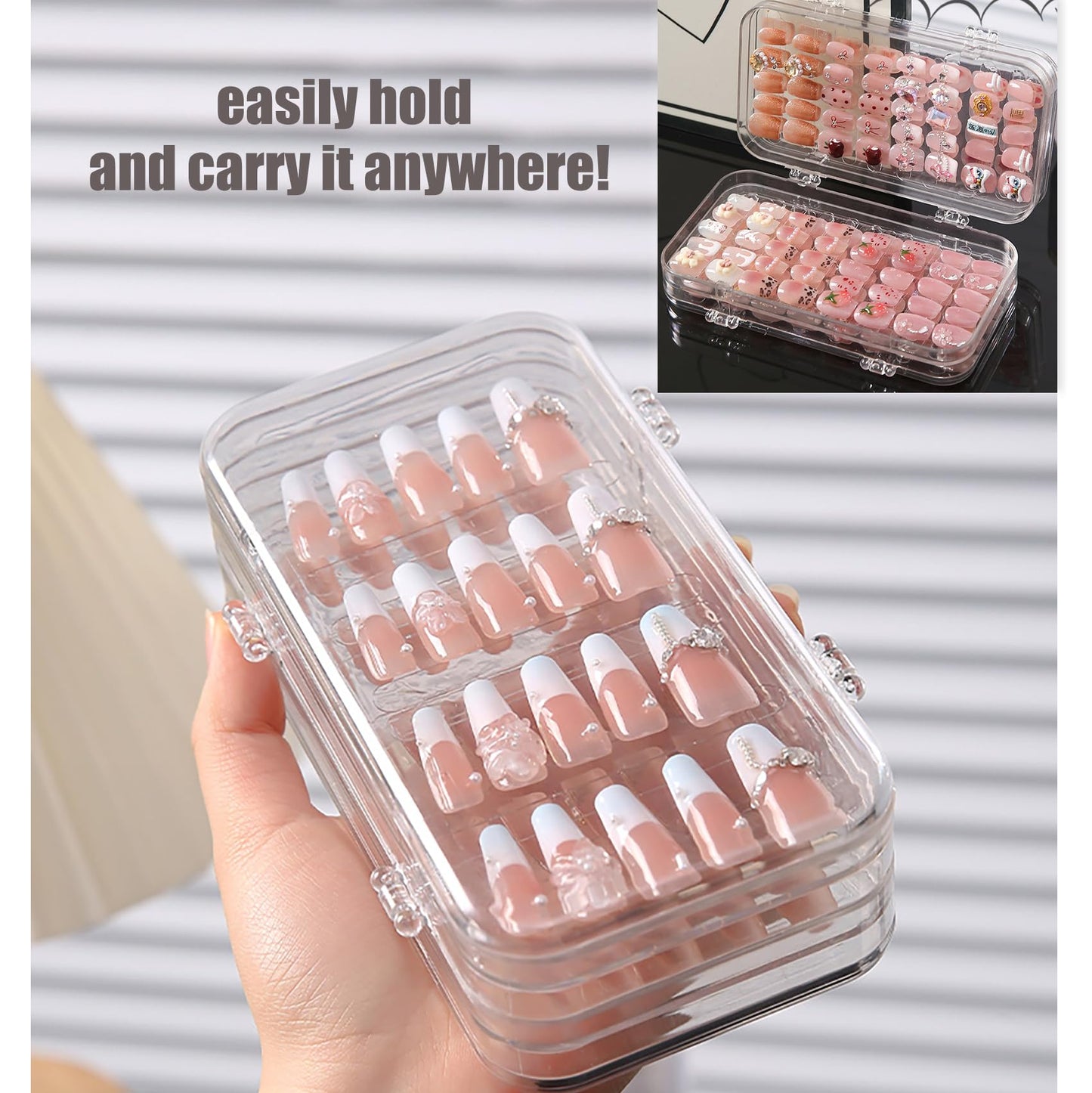 Oskrieel Tri-Fold Press On Nail Organizer Case - 4-Page Portable Storage Box for Fake Nails, Clear PET Plastic Travel Holder (6×3.2×1.8 inch)