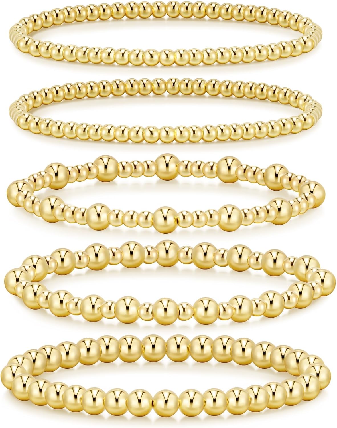 Gold Bracelets for Women - Waterproof 14K Gold Plated Beaded Strand Adjustable Jewelry Set | Perfect Gift