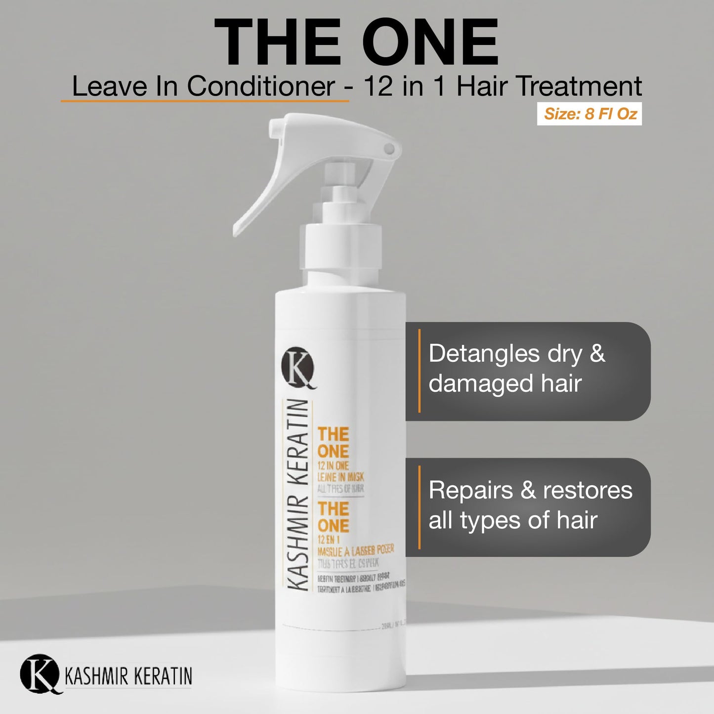 Kashmir Keratin THE ONE Leave In Conditioner 12-in-1 Hair Treatment Spray (8 Fl Oz) detangles, Smooths Frizz, Adds Shine & Hydration for Dry Damaged Hair, Lightweight Keratin Care for All Hair Types
