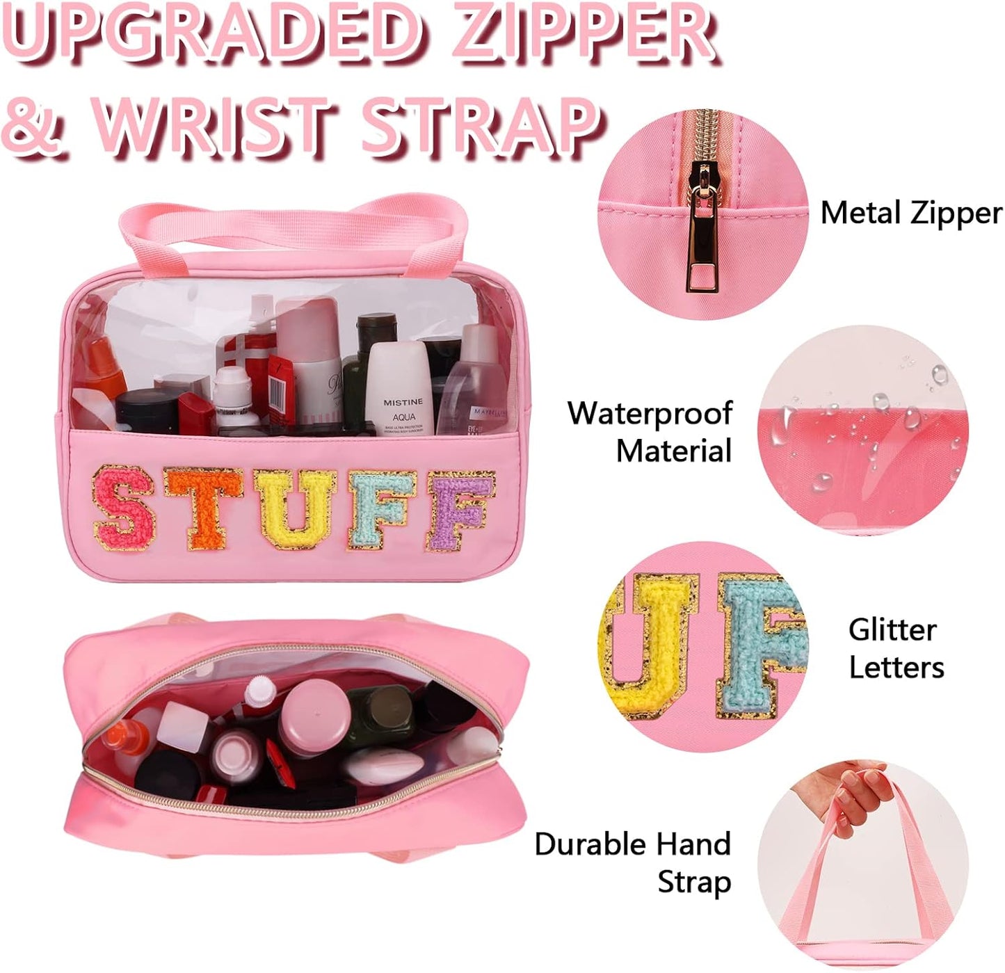 Chenille Letter Patch Stuff Bag - Large Clear Makeup & Toiletry Tote | Waterproof Nylon Organizer for Travel (Pink)