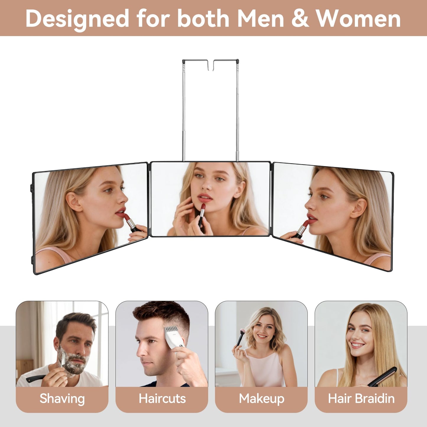 3 Way Mirror for Self Hair Cutting-360° Barber Self Cut Trifold Mirror to See Back of Head,Hangable & Foldable, Portable for Home & Travel Grooming, Braiding, Shaving & Makeup for Men Women (Black)