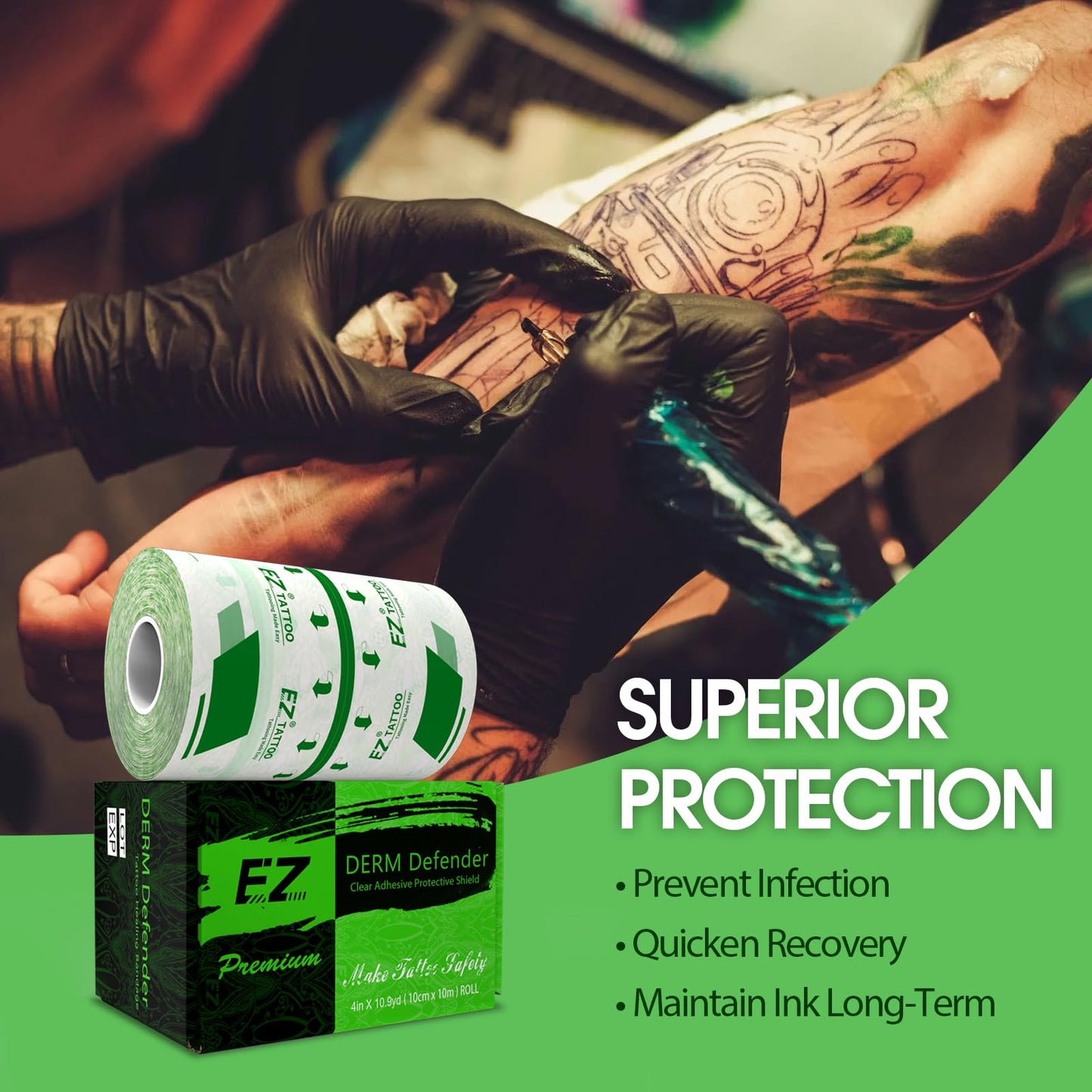 EZ Derm Defender Roll, Tattoo Aftercare Waterproof Bandage 4 inch X 10.9 Yard, Transparent Film Dressing Second Skin Healing Wrap Cover, Derm Shield Skin Protection Aftercare Tape