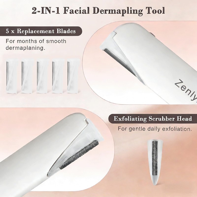 Vibration-Assisted Manual Dermaplane Razor for Women Face, Zenlynk Facial Exfoliator & Peach Fuzz Trimmer with 3 Vibration Modes, LED Light, 5 Replacement Blades & Exfoliating Scrubber, White