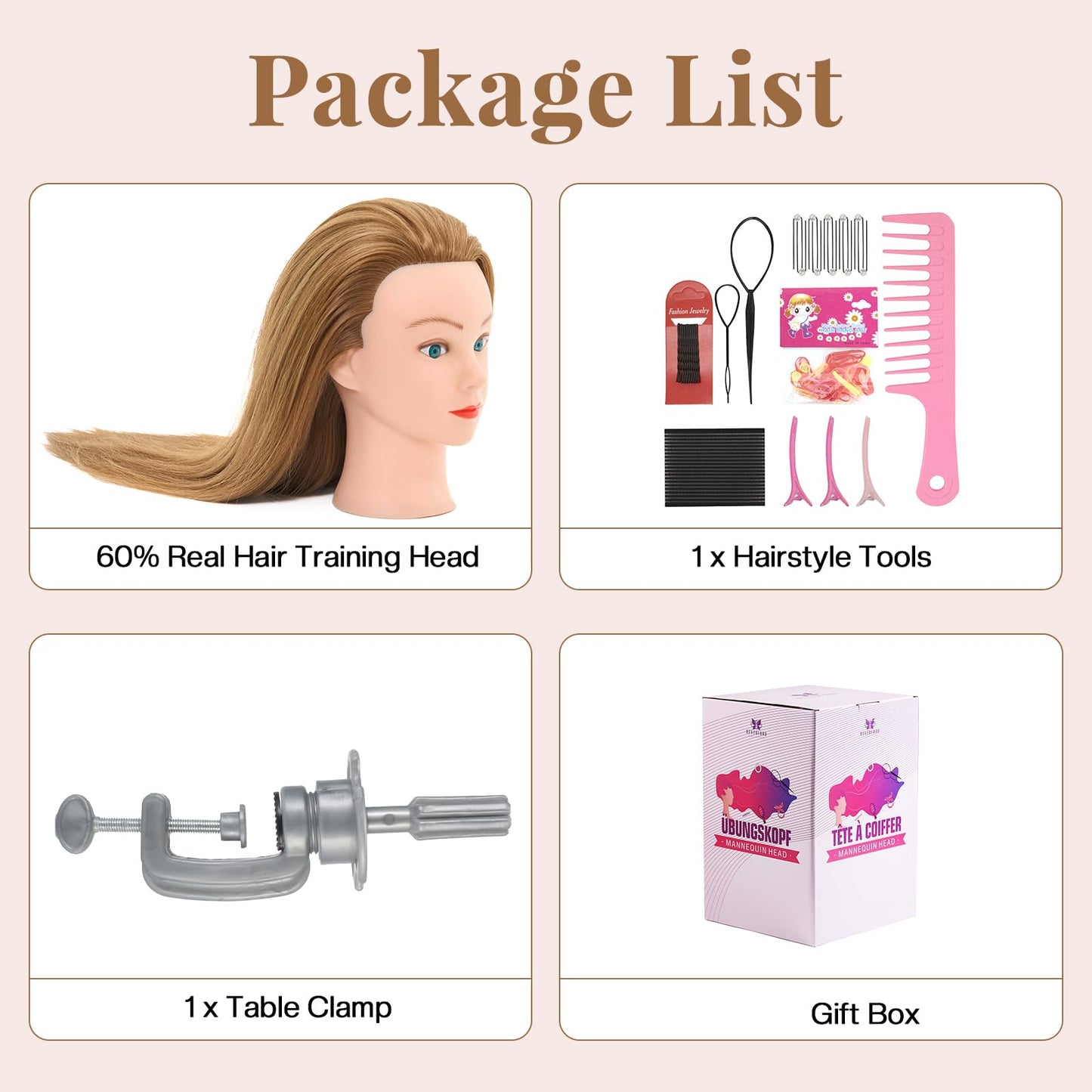 28Inch 80% Real Hair Mannequin Head, Cosmetology Mannequin Head with Hair for Braiding Curling Cuting, Table Clamp Styling Set(Blonde)