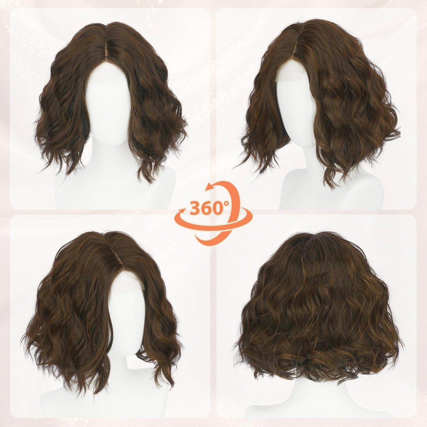 Haloo Brown Bob Wig for Women Lace Front Hairline Short Soft Wavy Curly Natural Looking Middle Part Synthetic Hair Wigs for Daily Party, 11 Inch Brown with Highlights