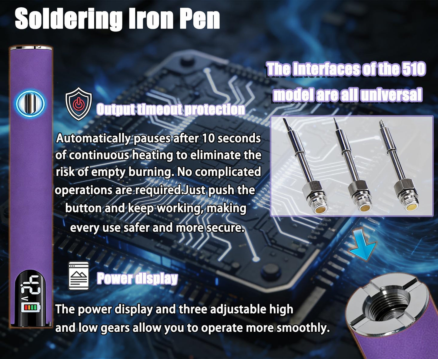 510 Thread Battery Professional Cordless Soldering Iron with LED Display Precise Temp Control USB-CRechargeable 650mAh Electric Purple Soldering Pen, Precision work/Appliance Repair, 3Speed Adjustment