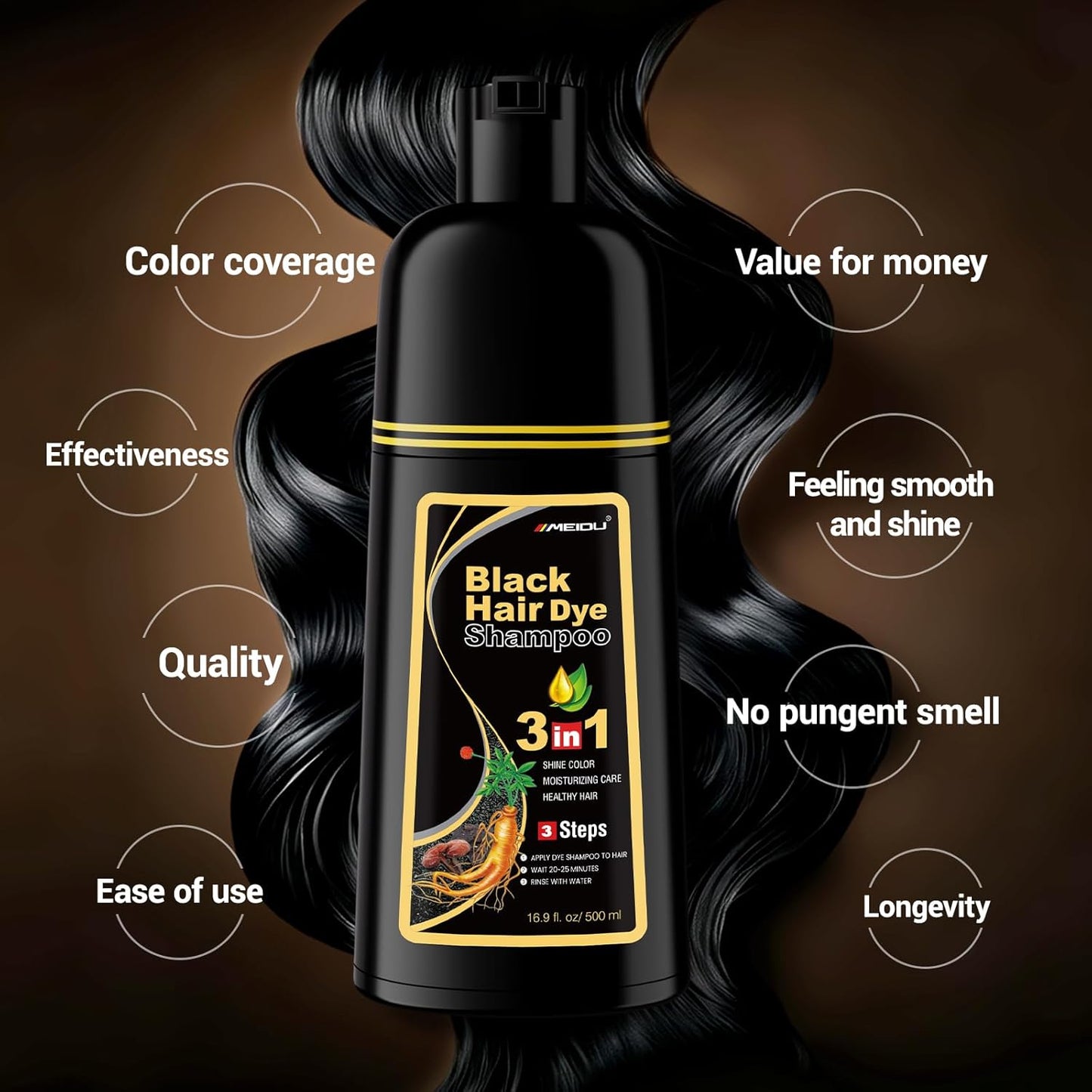 Black Hair Dye Shampoo - 3 in 1 Semi-Permanent Gray Coverage for Color-Treated Hair | 500ml