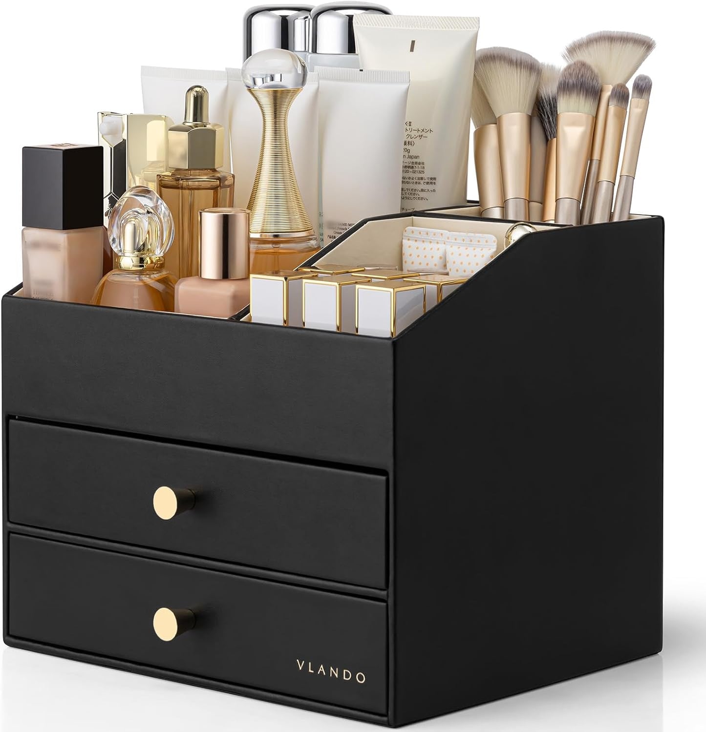 VLANDO Makeup Organizer - PU Leather Vanity Storage with Drawers | Beige Cosmetic & Skin Care Organizer for Women