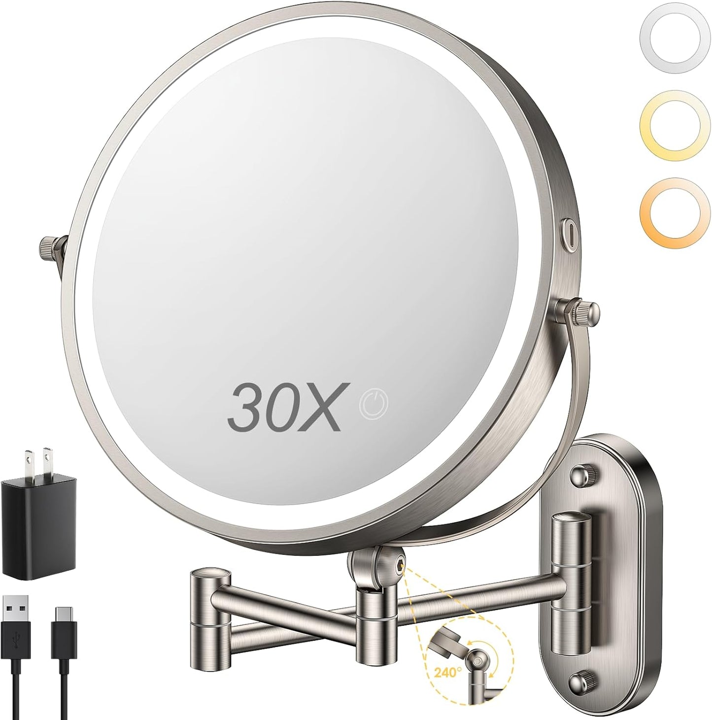 ZLOKLA 9" Wall Mounted Lighted Makeup Mirror - 1X/30X Magnification, Touch Dimmable, 360° Rotation, Rechargeable