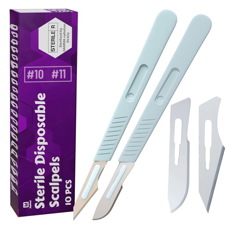 MyMed Disposable Scalpel #10 and #11 Scalpel Blades, Pack of 10 Dermaplaning Blades w. Plastic Handle, Carbon Steel Dermablade Blades Individually Wrapped 5x10 Blade and 5x11 Blade, Sterile
