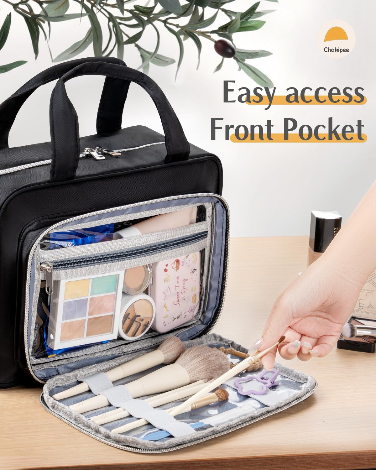 Chakipee Travel Hanging Toiletry Bag for Women - Waterproof Cosmetic Organizer with Clear Window, Lightweight Bathroom Bags for Essentials, Makeup, Shampoo, Toiletries Black,Large