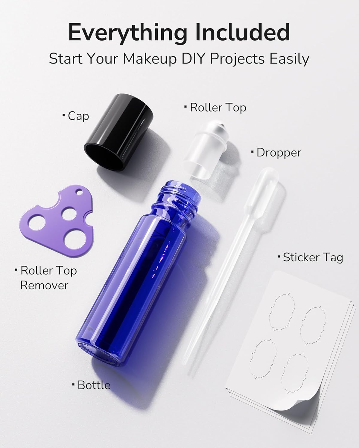 Essential Oil Roller Bottles - 48 Pack 10ml Cobalt Blue Glass with Stainless Steel Roller Balls | Includes 10 Extra Roller Balls & Labels