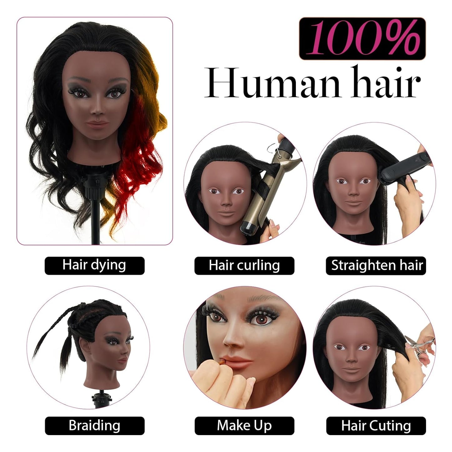 18” Human Hair Mannequin Head - Realistic Cosmetology Practice Doll for Hair Styling & Braiding | Includes Stand