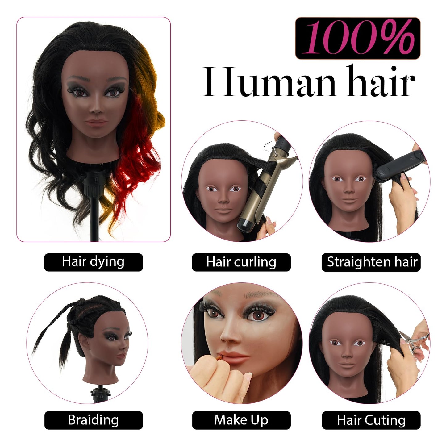 18" Mannequin Head Human Hair - 100% Real Hair Mannequin Head for Makeup Practice, Cosmetology Manikin Doll Head for Hair Styling, Hairdressing Training Head for Braiding with Table Clamp,Black