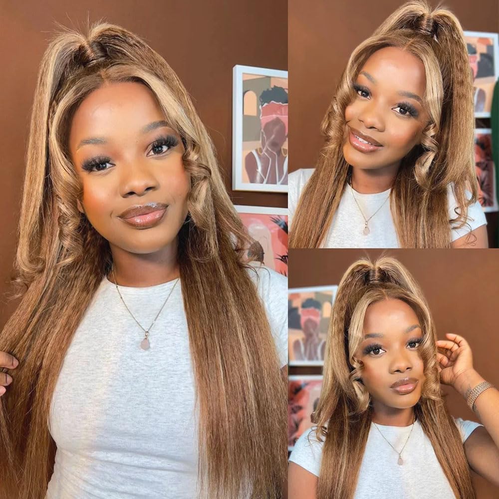 14 16 18 Inch P4/27 Highlight Blonde Bundles Human Hair Yaki Straight 3 Bundles Brazilian Remy Hair 50 Grams/Bundle 10A Grade Unprocessed Virgin Hairs Blonde Kinky Straight Bundle Weaves Extensions