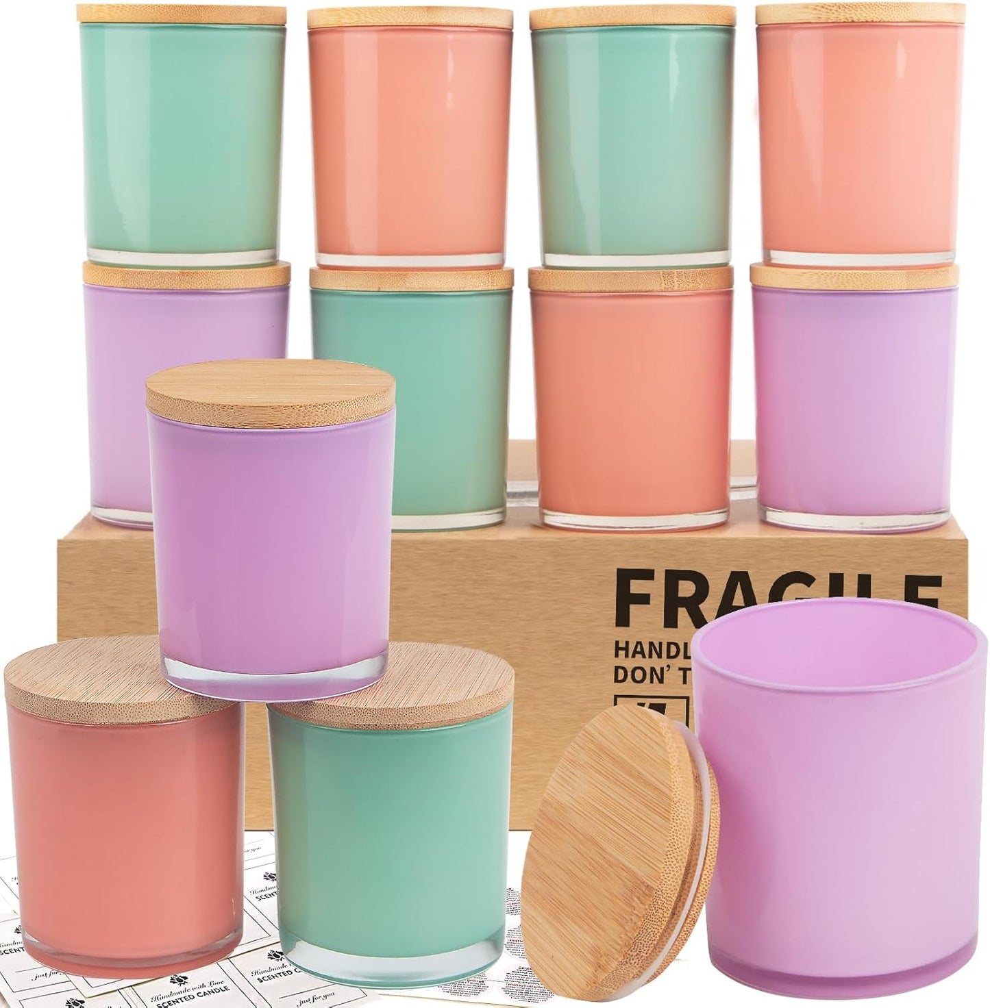 Clear Glass Candle Jars - 12 Pack 10 OZ with Bamboo Lids | Large Empty Candle Containers, Dishwasher Safe