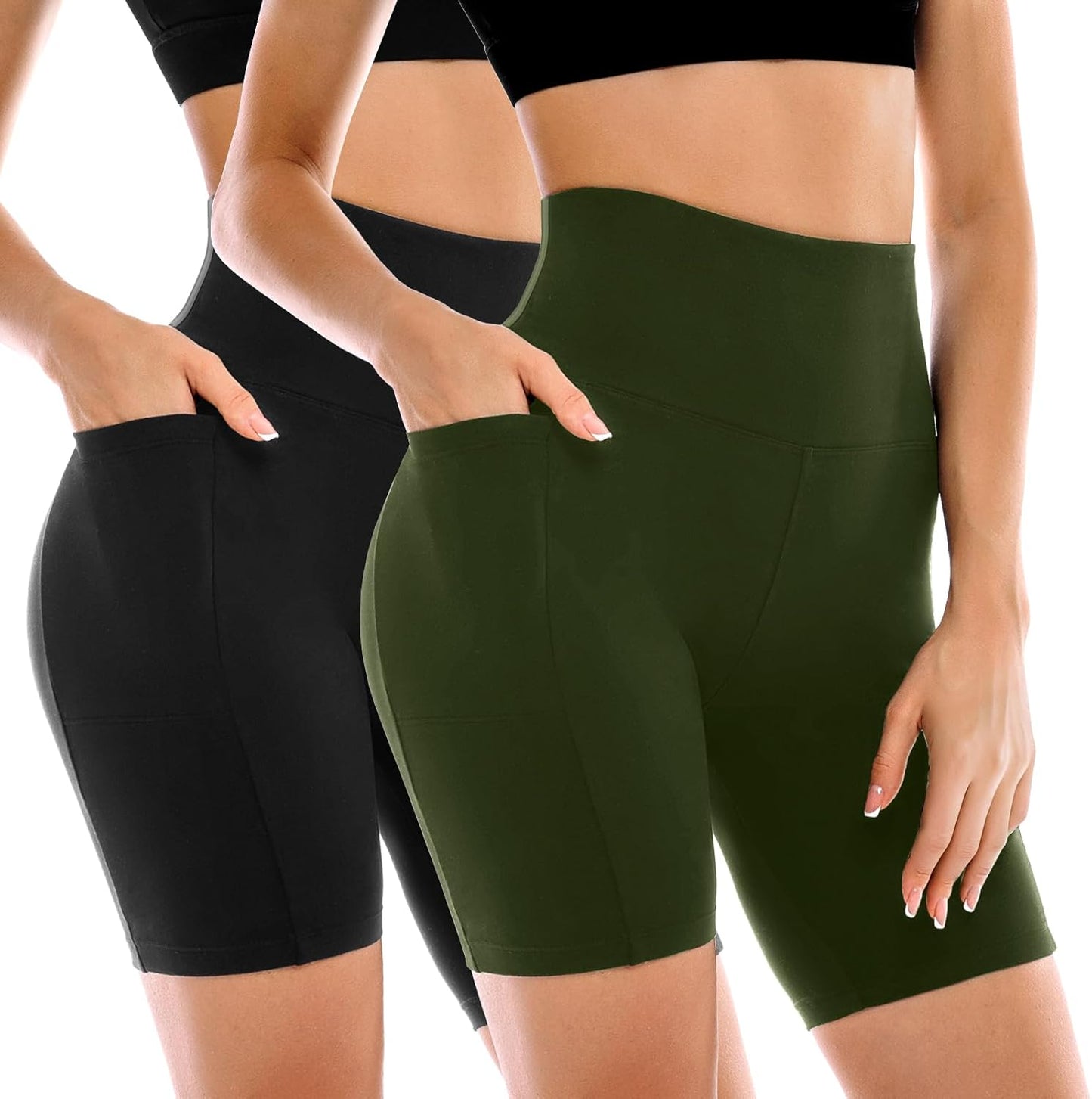 High Waisted Tummy Control Biker Shorts for Women - 2 Pack with Pockets | Yoga & Workout Gear