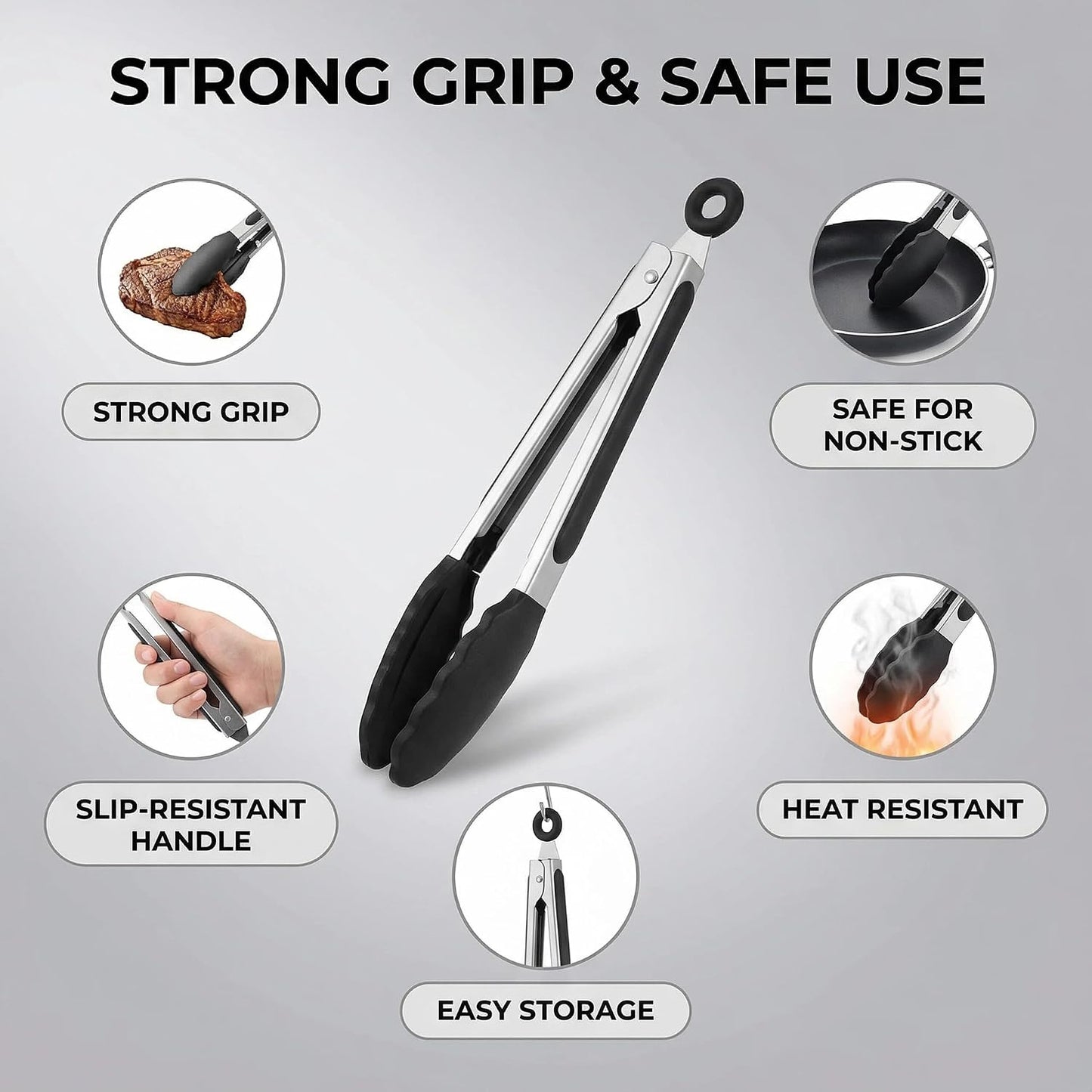 Stainless Steel Kitchen Tongs Set - Heat Resistant BBQ Tongs with Non-Scratch Silicone Tips | 7 & 9 Inch, Black