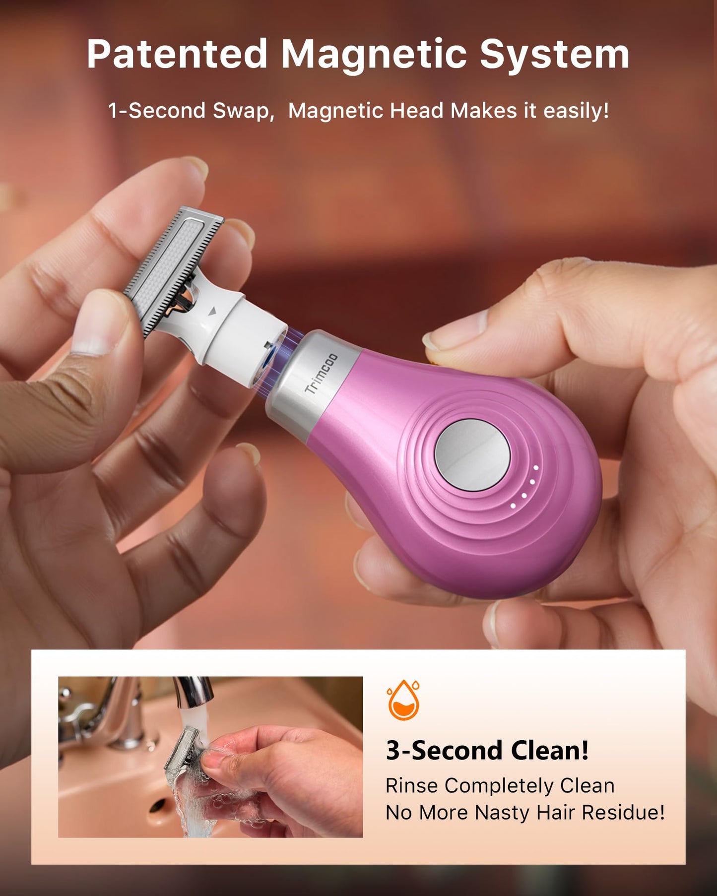 Trimcoo Mini Bikini Trimmer for Women - Intimate Pubic Hair Removal, Electric Body Groomer, Small Portable Wet/Dry Shaver, Magnetic Blade, USB-C Rechargeable with Travel Case, Easy to Clean (Pink)