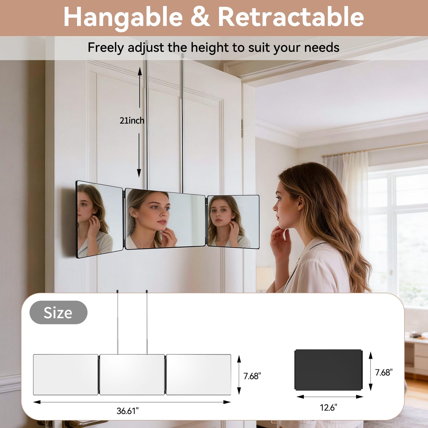 3 Way Mirror for Self Hair Cutting-360° Barber Self Cut Trifold Mirror to See Back of Head,Hangable & Foldable, Portable for Home & Travel Grooming, Braiding, Shaving & Makeup for Men Women (Black)