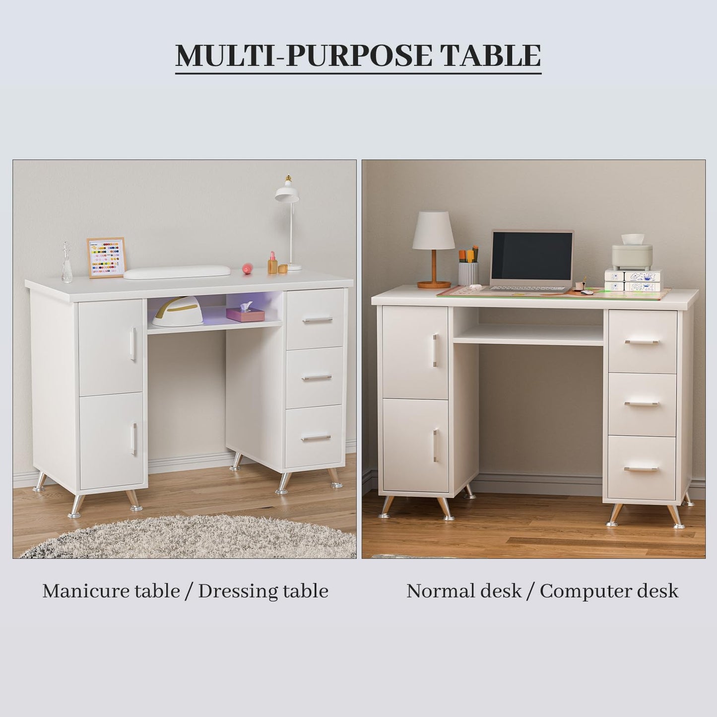 White Nail Desk for Nail Tech,Acetone-Resistant Manicure Table Nail Tech Desk with Drawers Nail Tech Table Station Storage Cabinet, Open Drawer, Wrist Pad, Metal Legs, for Beauty, Salon, Spa Makeup