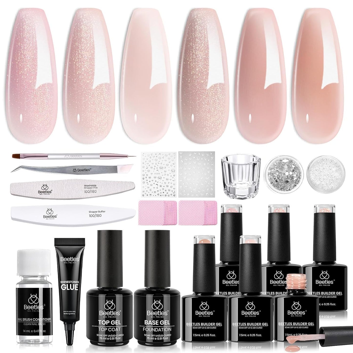Beetles Builder Gel Set - HEMA-Free Nail Extension Gel | 6 Peach Colors, 8-in-1 Strengthening Formula for DIY Nail Art