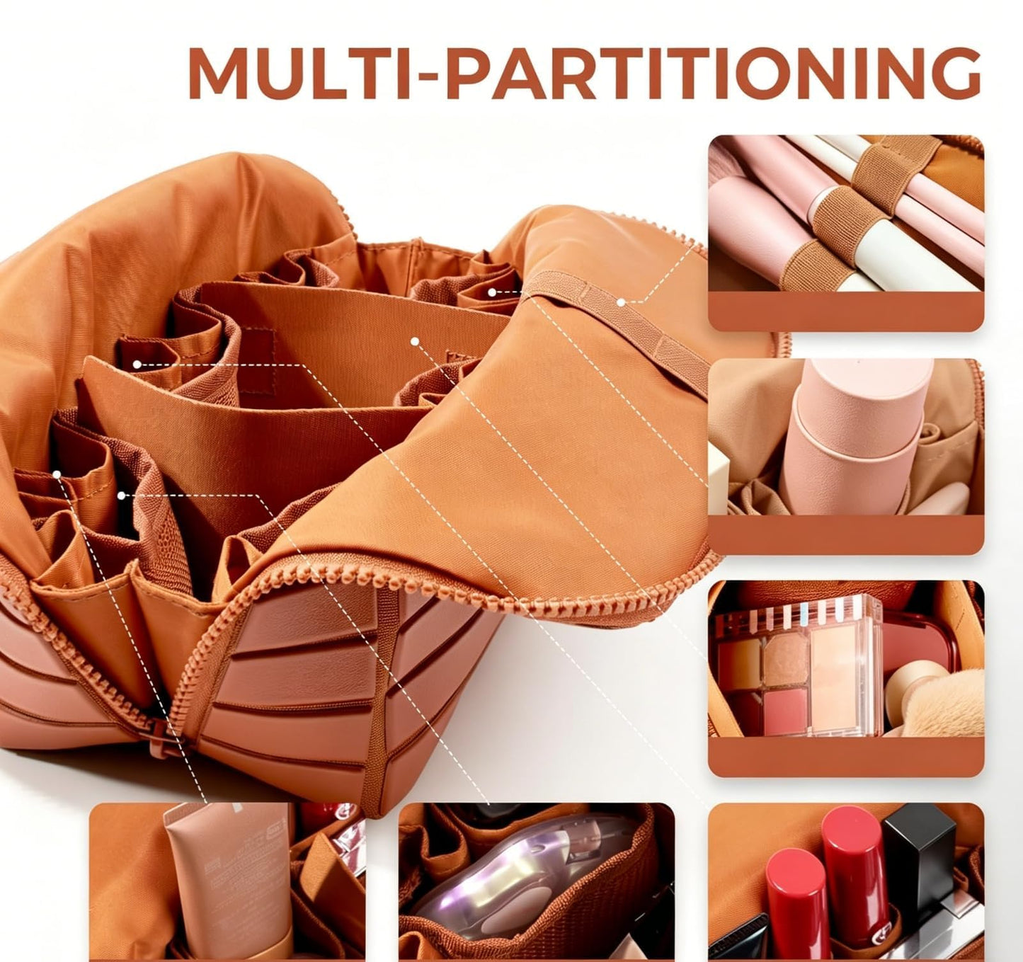 LILVEYUme Parallel Traveler Makeup Bag, Large Capacity Foldable Cosmetic Bag, 27 Pockets Adjustable Dividers with 3 Brush Holders, Unisex Travel Toiletry Case, Brown