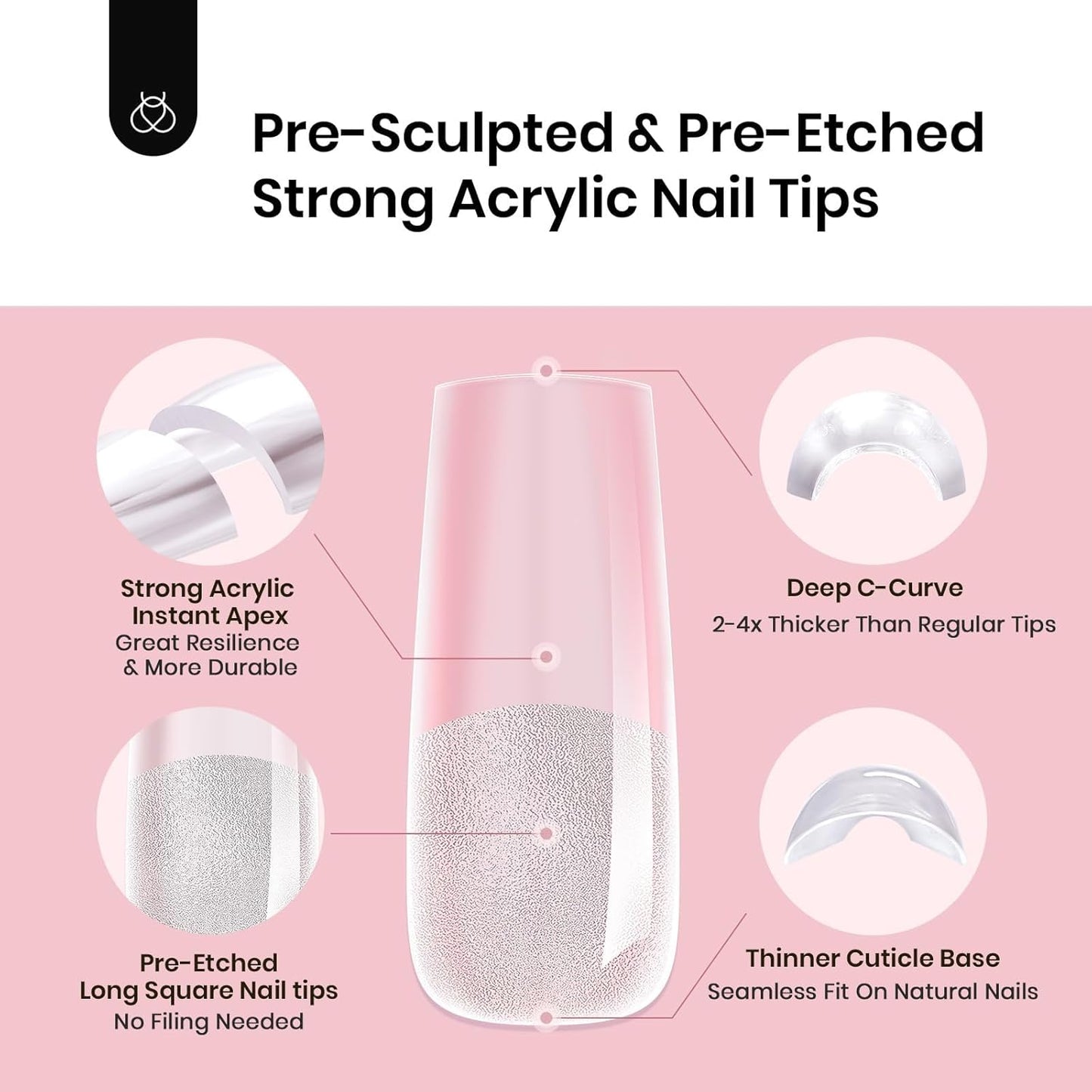 Beetles Instant Apex Nail Tips - Long Square Acrylic Tips, 192pcs, 16 Sizes 00–14 | No Builder Gel Needed