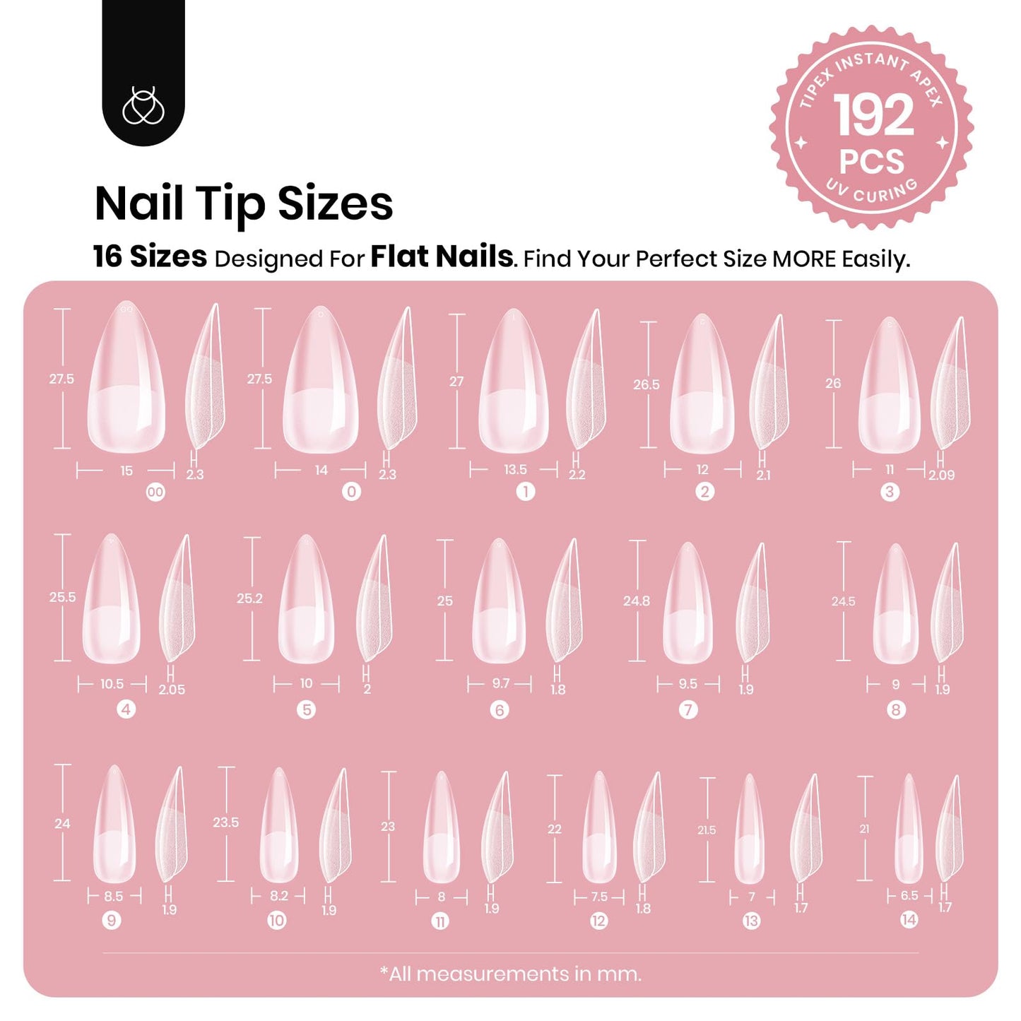 Beetles Tipex Instant Apex Nail Tips, Medium Stiletto, 16 Sizes 00–14, 192pcs, No Builder Gel Required, Thicker Strong Acrylic Tips for DIY Salon-look Extensions