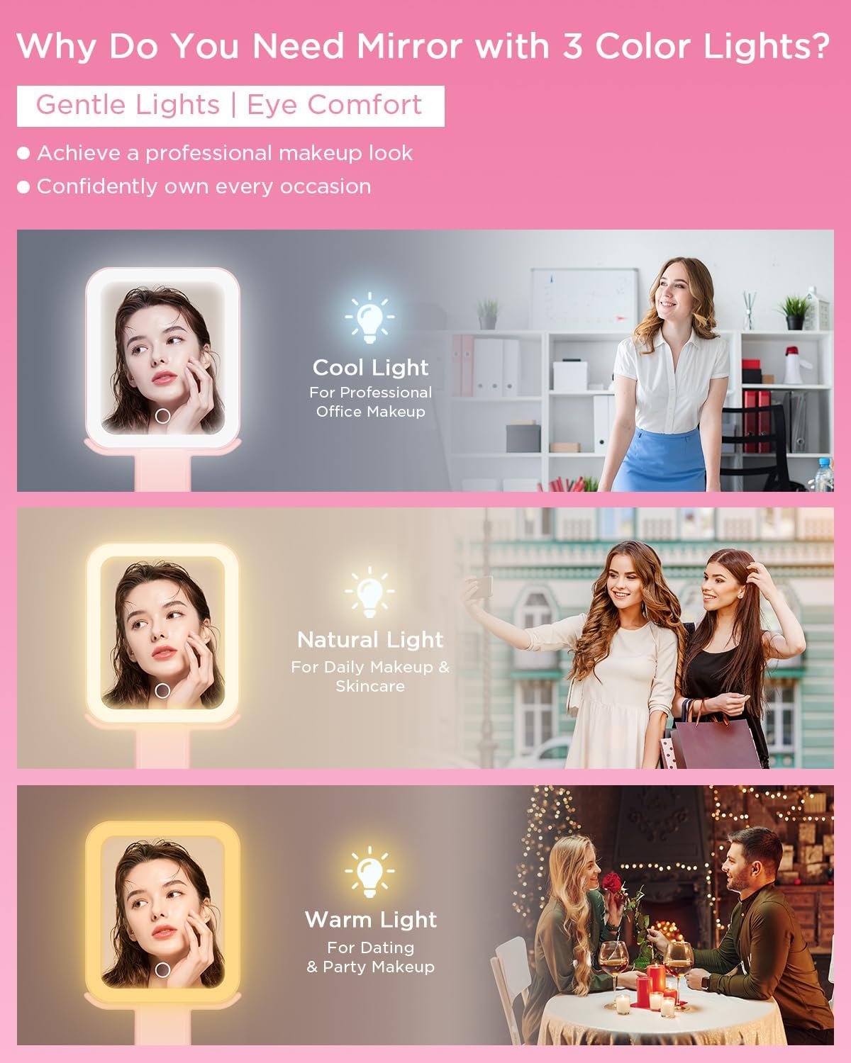 Magnifying Makeup Mirror with LED Light - Double-Sided 10X/1X | Dimmable Touch Screen & Storage Bag - Pink (10.3 x 5.2 IN)