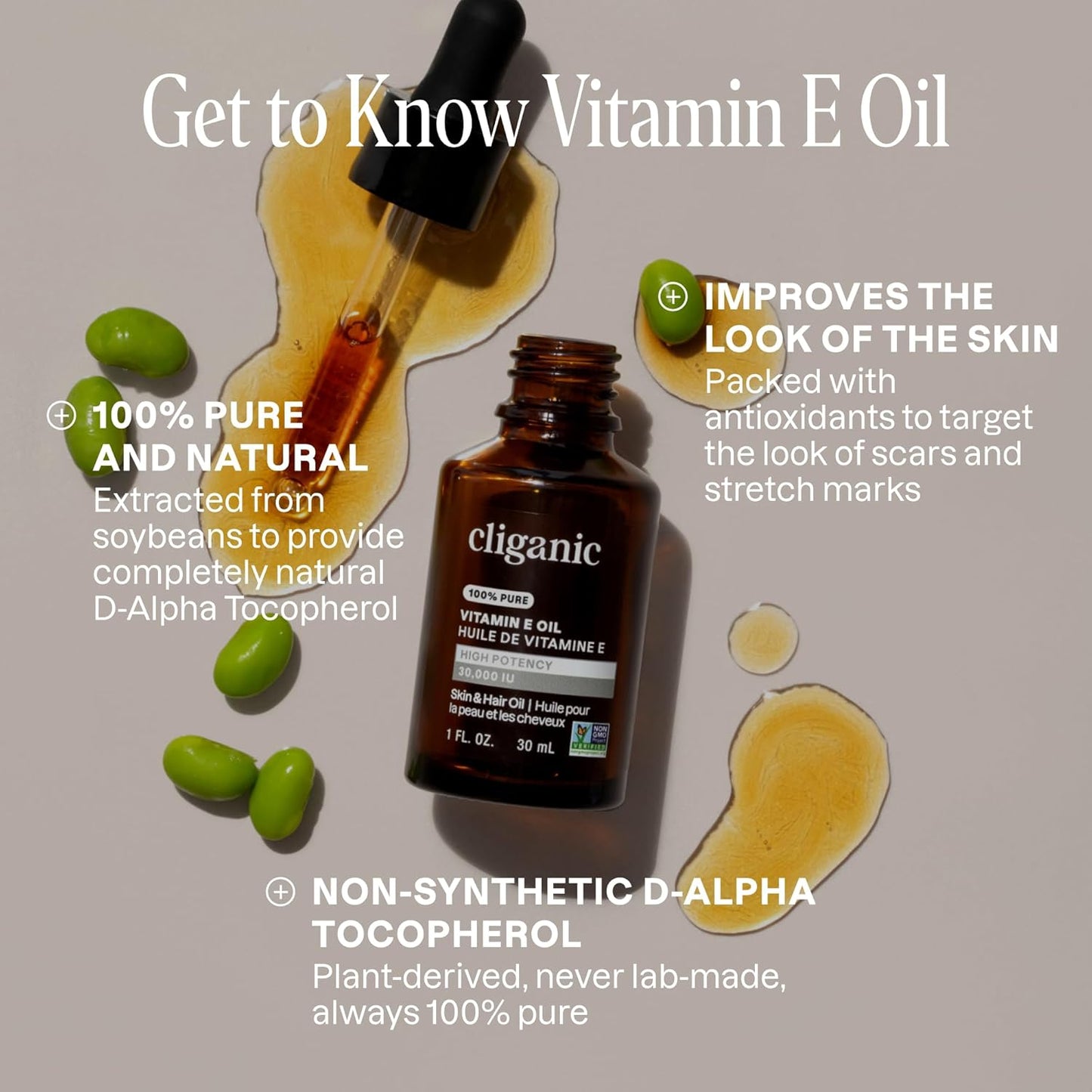 Cliganic Pure Vitamin E Oil - Natural D-Alpha Tocopherol for Skin, Scars & Hair | 120,000 IU, Non-GMO