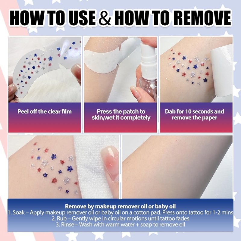 Red White and Blue Glitter Freckles Face Tattoos - Patriotic American Flag Design | 4th of July Makeup Stickers, 6 Pcs