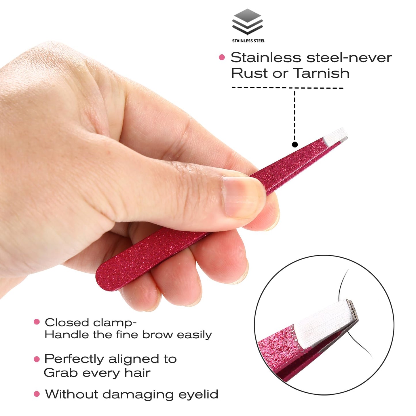 FungChoi 4-Pcs Glitter Stainless Steel Precision Tweezer Set for Eyebrows, Ingrown Hair & Lash Extensions (Rose Red)