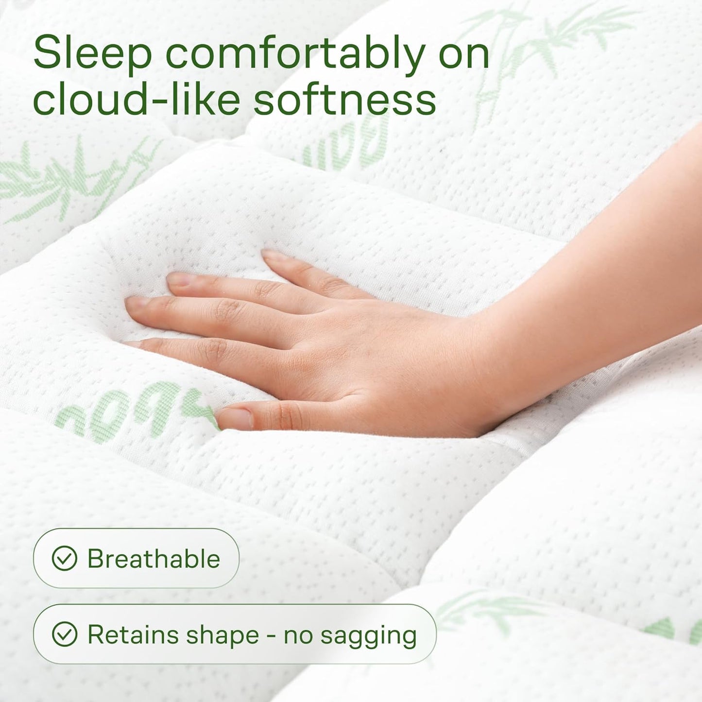 Ultra Soft King Size Mattress Topper - Rayon Bamboo Pillow Top for Back Pain Relief | Naturally Cooling, Green
