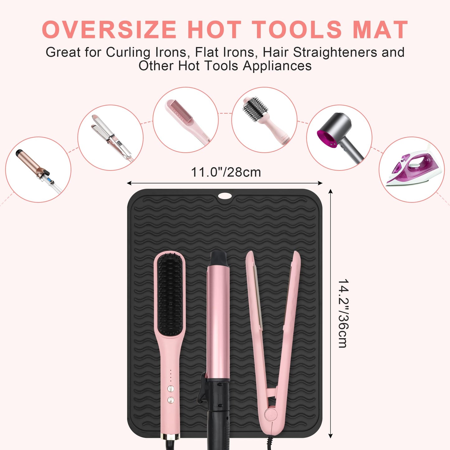 Arsmonjeal Oversize Silicone Heat Resistant Mat for Curling Irons, Flat Irons, Hair Straighteners and Hot Hair Styling Tools, Portable Wrap Pad Cover for Vanity, Travel, Salon(14.2" x 11.0")