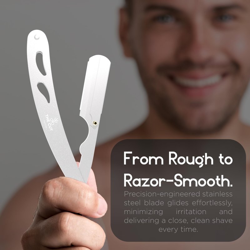 The Cut- Factory- Straight Razor with 20 Pack Platinum Treet Single Blade Razors for Men- Professional Barber Straight Edge Razor for Close Shaving 100 Percent Stainless Steel, White