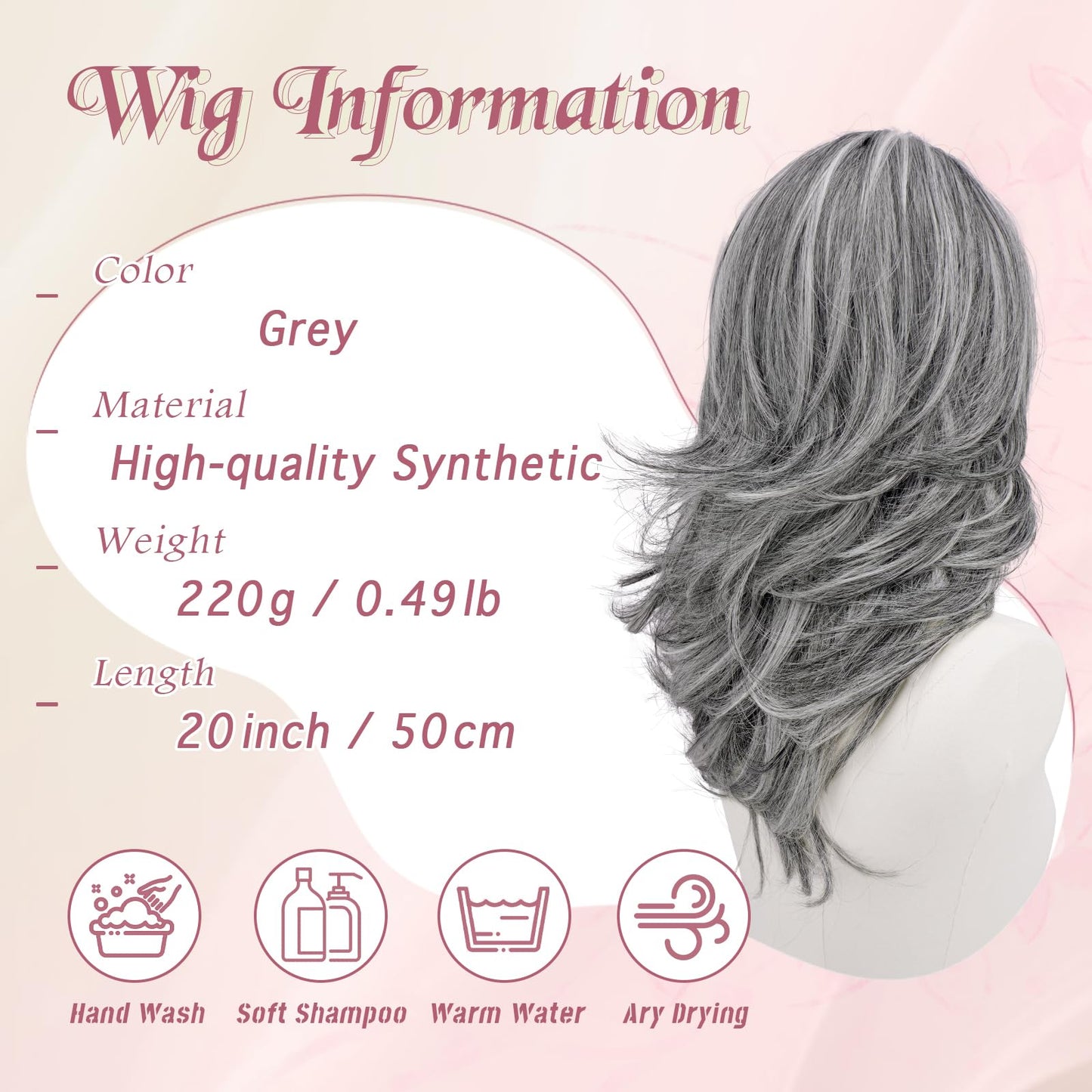 Haloo Grey Layered Wigs with Curtain Bangs Lace Front Hairline Long Wavy Natural Looking Middle Part Synthetic Hair Wig for Women Daily Party Costume, 20 Inch