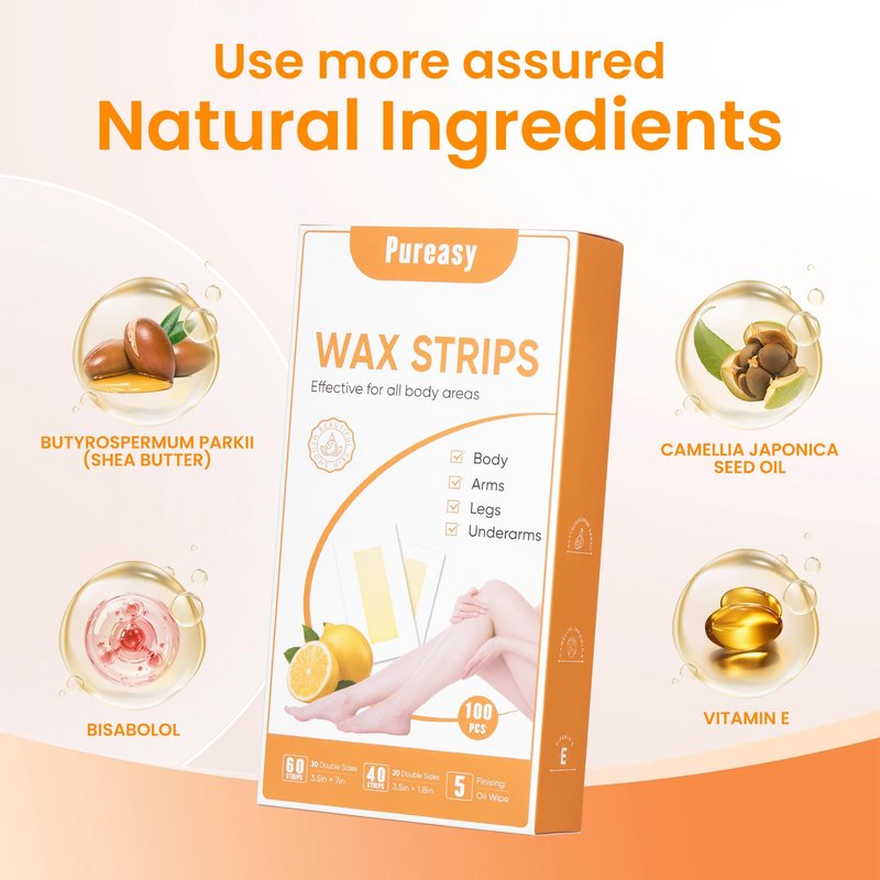 Pureasy Wax Strips for Hair Removal, 100 Count Face and Body Waxing Kit, 2 Sizes with 5 Oil Wipes for Eyebrow, Upper Lip, Legs, Underarms and Bikini