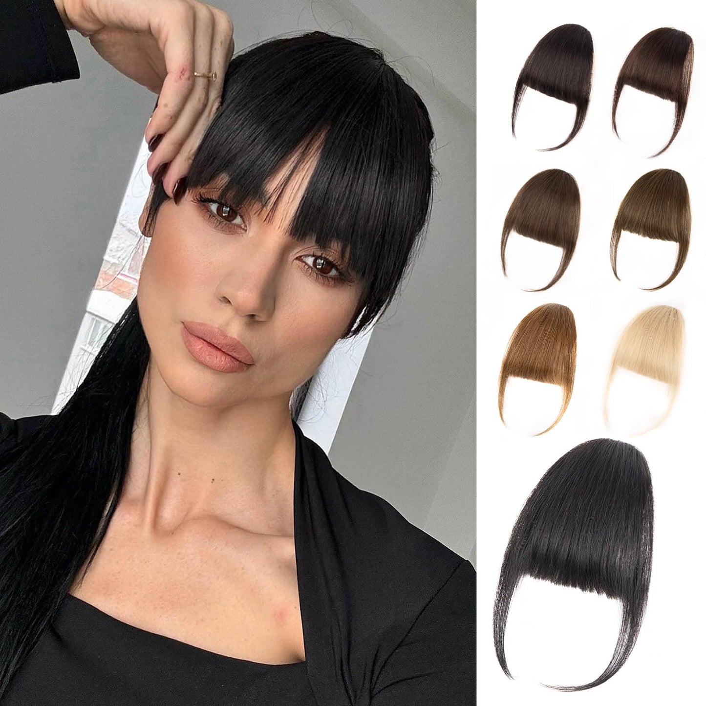 EINAEY Clip in Bangs, 100% Real Human Hair Natural Black Fake Bangs Clip in Hair Extensions Wispy Bangs Fringe with Temples Hairpieces for Women Curved Air Bangs for Daily Wear