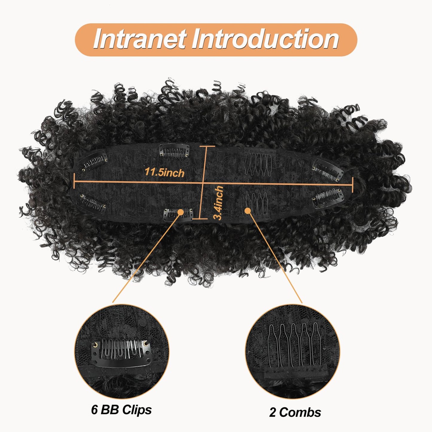 Mohawk Wig Kinky Curly Natural Black Ponytail with Bangs,Short Curly Synthetic Clip on Mohawk Ponytail Extension Hair Pieces for Women with Six Clips and Two Combs Fluffy Hair for Daily and Party Use