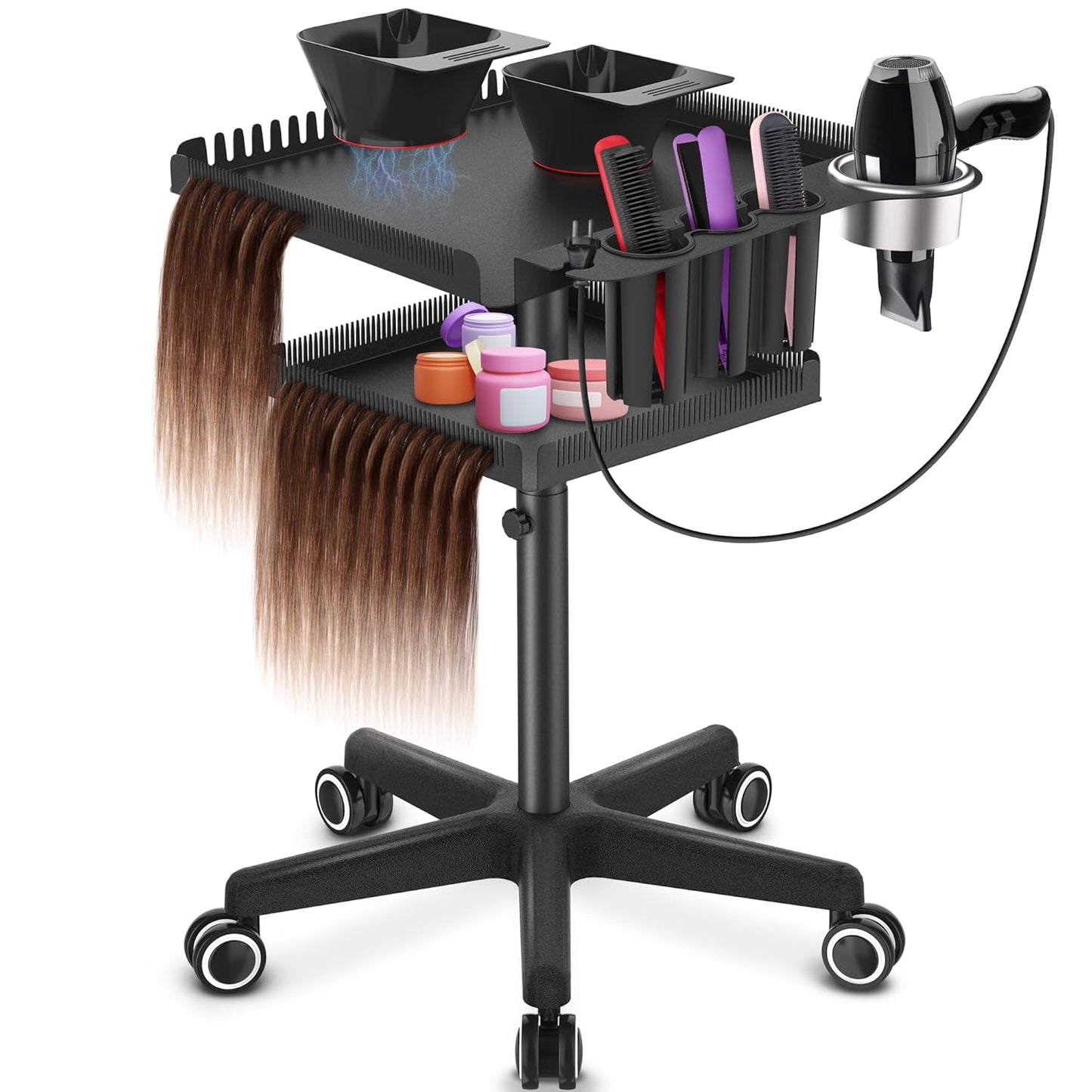 Salon Rolling Tray Cart on Wheels - Portable Black Hair Rack with Magnetic Bowls | Heat-Resistant Tool Organizer